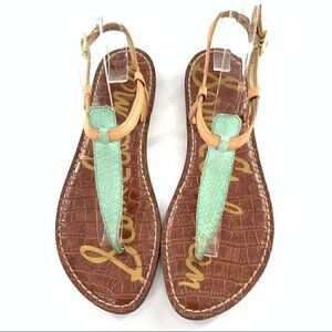Sam Endelman Gigi sandals size 6 37 tan green snakeskin print leather t-strap